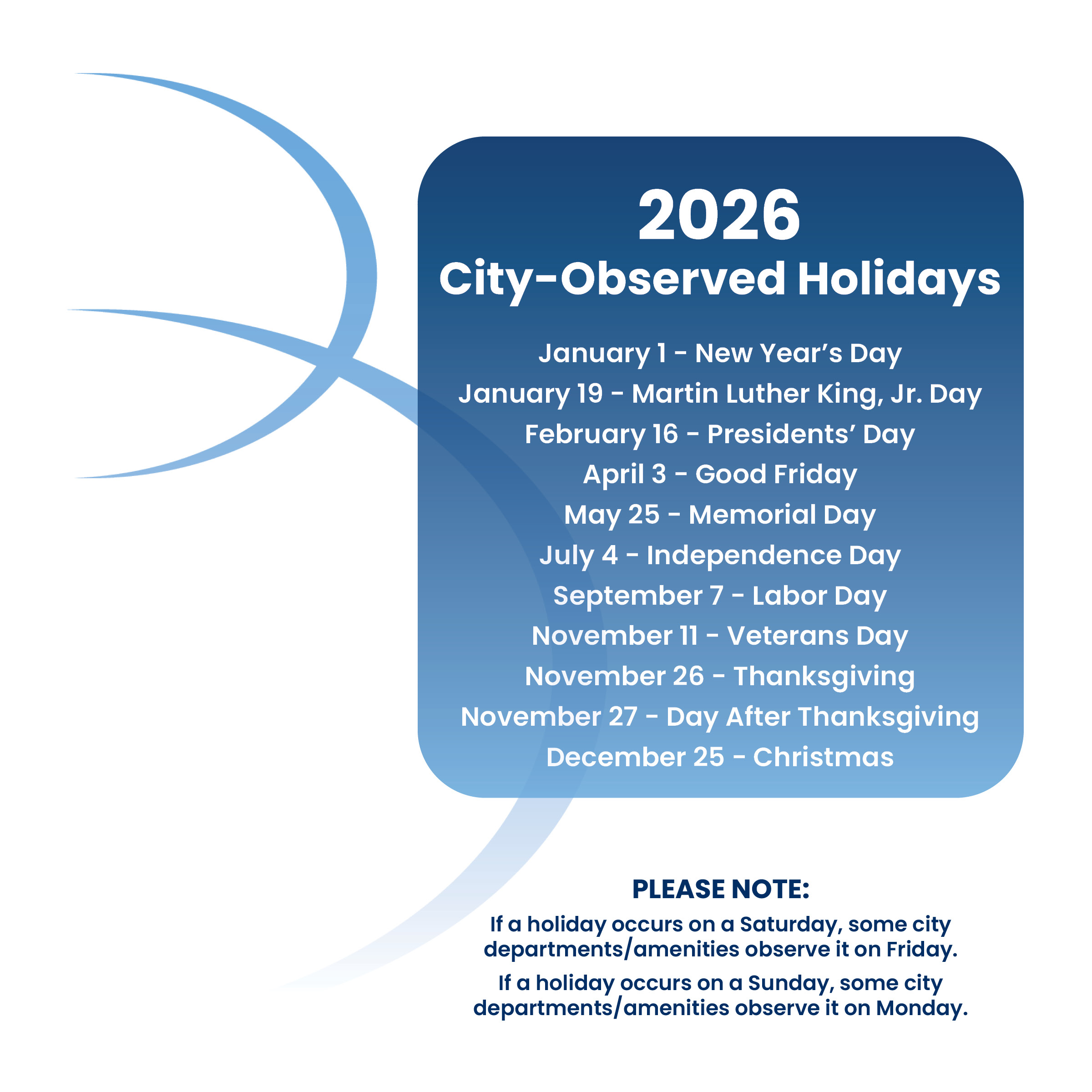 City Holidays 2026 graphic