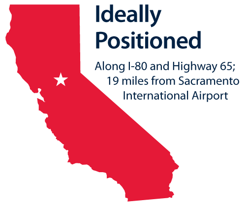 State of California with star in the middle showing where the City of Roseville is located. Ideally positioned along I80 and Hwy65 and 19 miles from Sacramento Airport