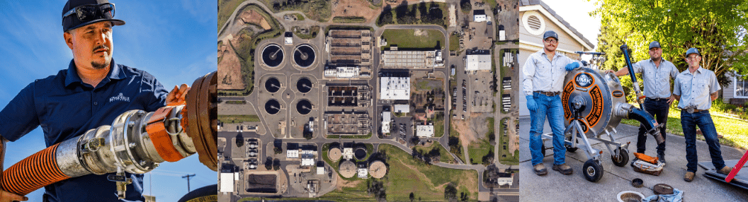 Worker at our wastewater treatment plant, aerial of a wastewater plant, and three workers at a home