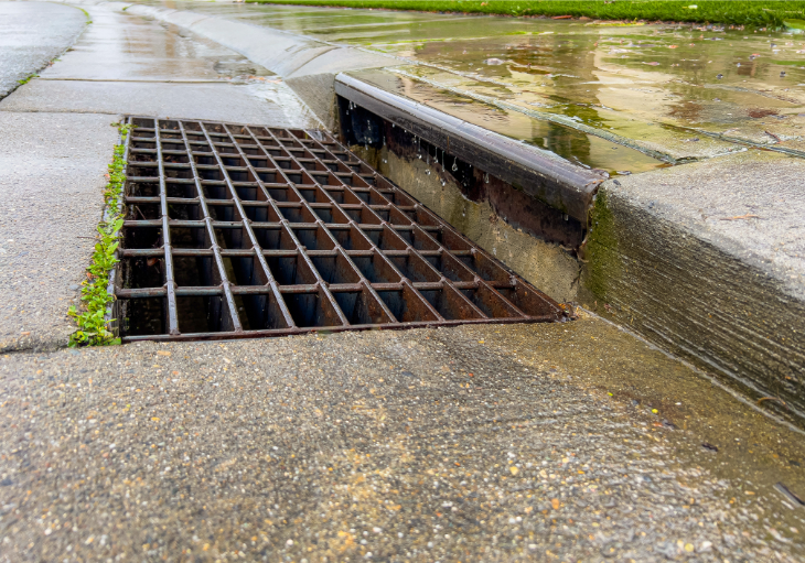 Rainwater drips down a stormwater drain